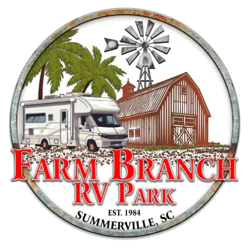 Logo for our RV park in Summerville, SC, featuring a stylized design that captures the spirit of outdoor adventure and Southern hospitality.